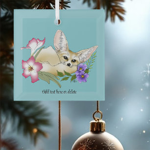 Fennec Fox Pink Purple Flowers Cute Blue Botanical Glass Ornament