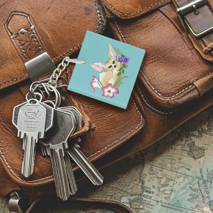 Fennec Fox Pink Purple Flowers Cute Blue Botanical Keychain