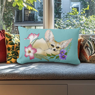 Fennec Fox Pink Purple Flowers Cute Blue Botanical Lumbar Pillow