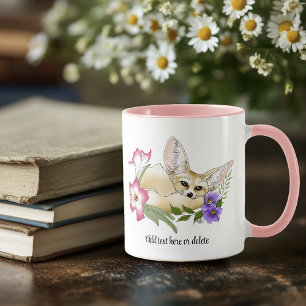 Fennec Fox Pink Purple Flowers Cute Blue Botanical Mug