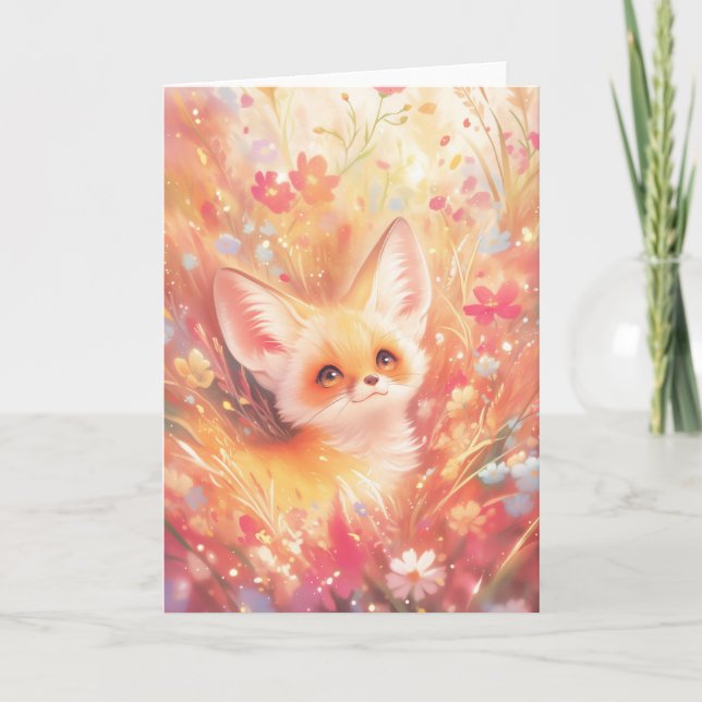 Fennec Fox Surrounded by Sunset Blossoms Card (Front)
