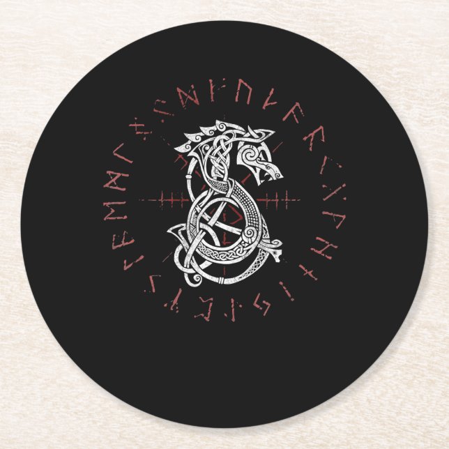 Fenrir Wolf Of Odin Celtic Norse Runes Distressed Round Paper Coaster (Front)