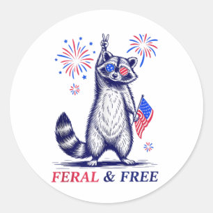 Feral &amp; Free Funny Patriotic Racoon Feral And  Classic Round Sticker