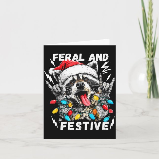 Feral And Festive Funny Christmas Rocker Raccoon S Card (Front)