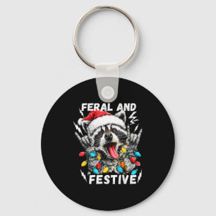 Feral And Festive Funny Christmas Rocker Raccoon S Keychain