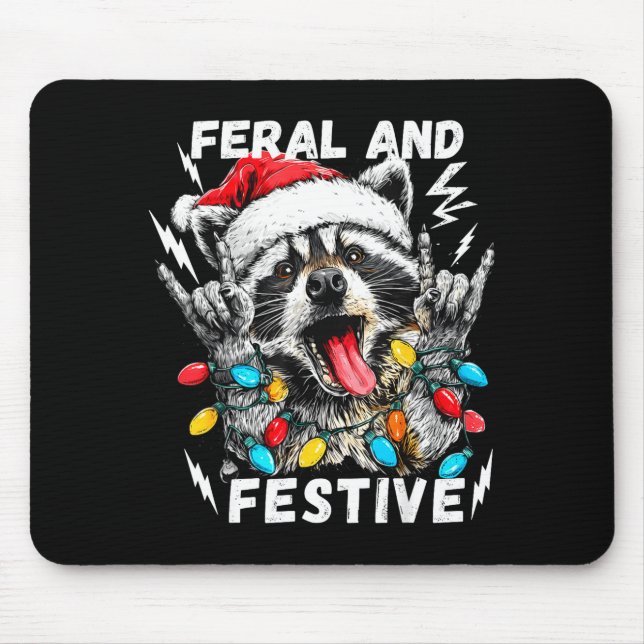 Feral And Festive Funny Christmas Rocker Raccoon S Mouse Pad (Front)
