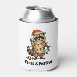 Feral And Festive Raccoon Christmas Xmas Lights Can Cooler