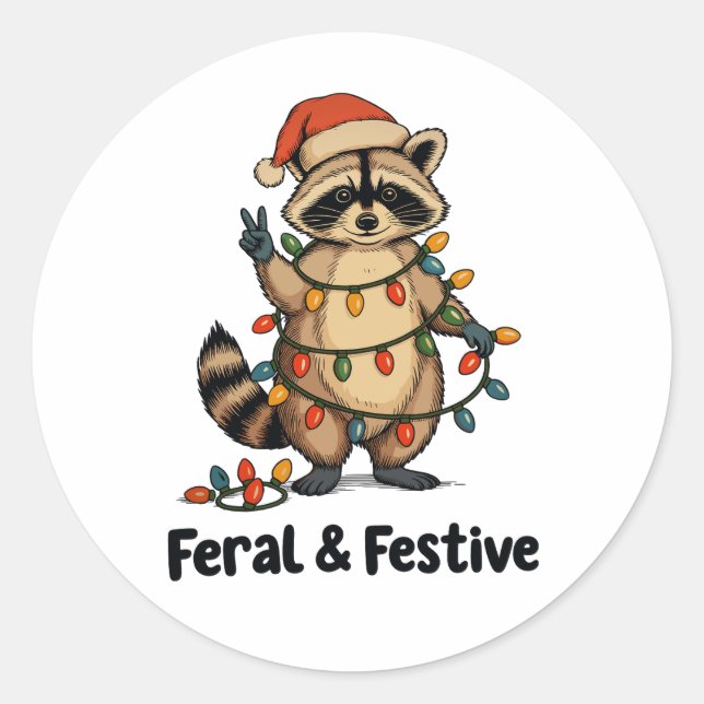 Feral And Festive Raccoon Christmas Xmas Lights Classic Round Sticker (Front)