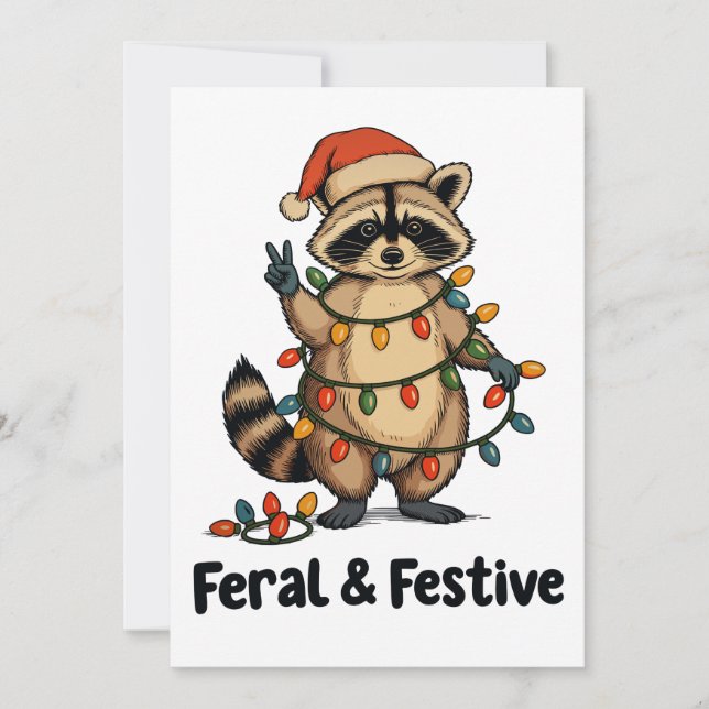 Feral And Festive Raccoon Christmas Xmas Lights Holiday Card (Front)