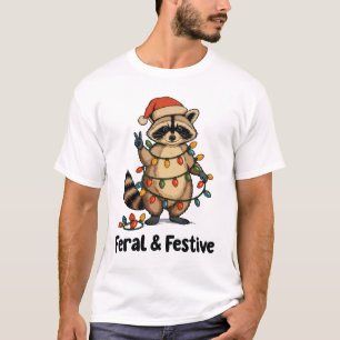 Feral And Festive Raccoon Christmas Xmas Lights T-Shirt