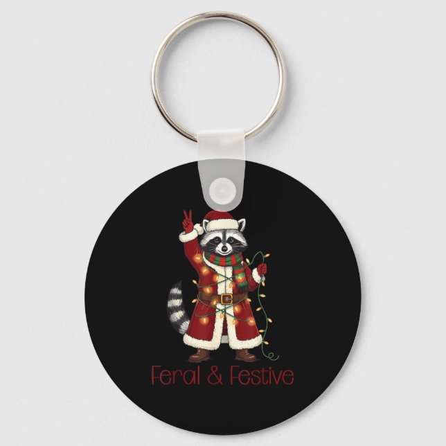 Feral And Festive Raccoon Funny Christmas  Keychain (Front)
