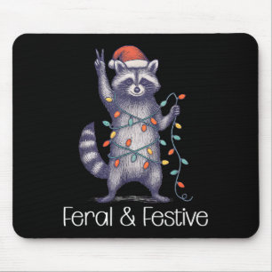 Feral And Festive Raccoon, Funny Christmas Mouse Pad
