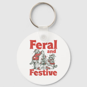 Feral And Festive Raccoon Santa Christmas Holiday  Keychain
