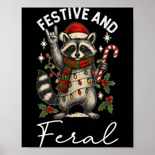 Feral And Festive Raccoon Santa Hat Christmas Ligh Poster