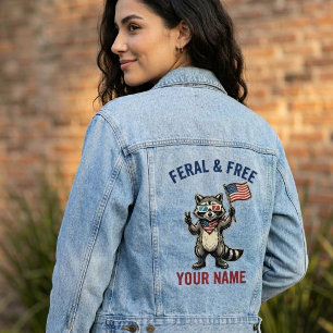 Feral and Free Patriotic Raccoon Custom Name Denim Jacket