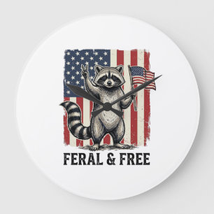 Feral and Free Patriotic Raccoon Vintage Shirt Des Large Clock