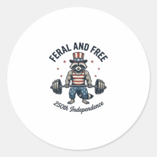 Feral and Free Patriotic Raccoon Weightlifting Shi Classic Round Sticker