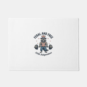 Feral and Free Patriotic Raccoon Weightlifting Shi Doormat