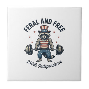 Feral and Free Patriotic Raccoon Weightlifting Shi Tile