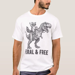 Feral and Free Raccoon Riding a T-Rex Funny Retro T-Shirt