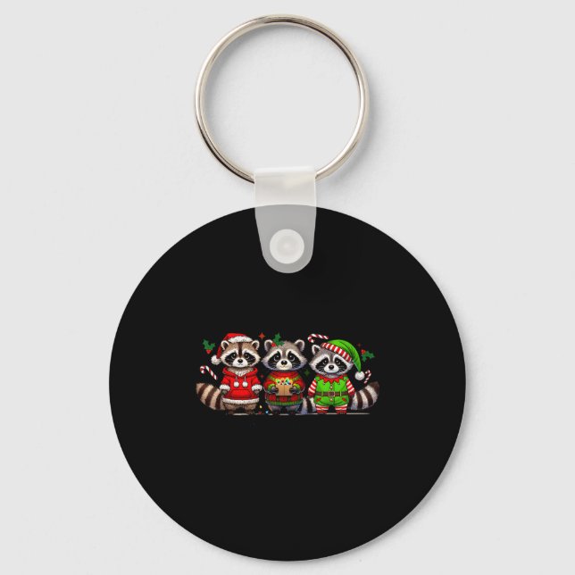 Feral But Festive Funny Christmas Cute Raccoon Elf Keychain (Front)
