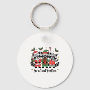 Feral But Festive Funny Christmas Cute Raccoon Elf Keychain