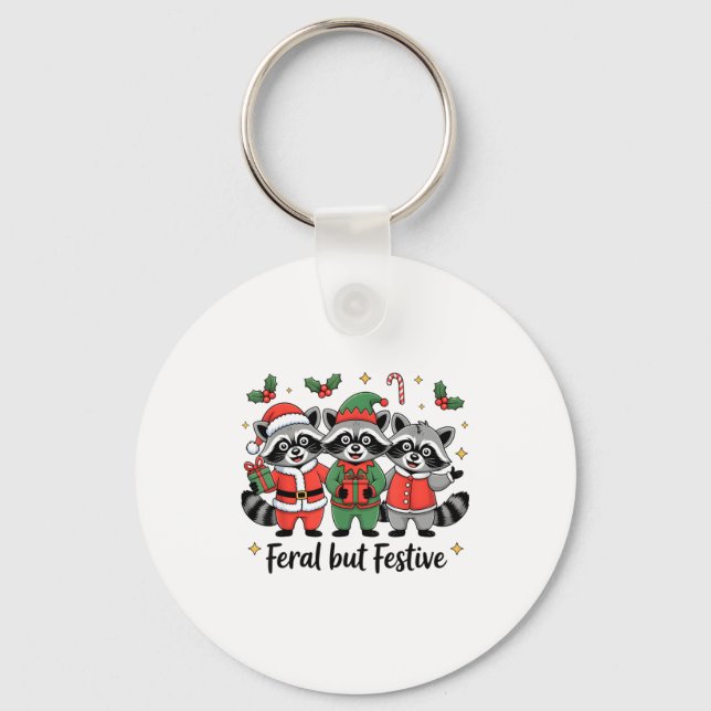 Feral But Festive Funny Christmas Cute Raccoon Elf Keychain (Front)
