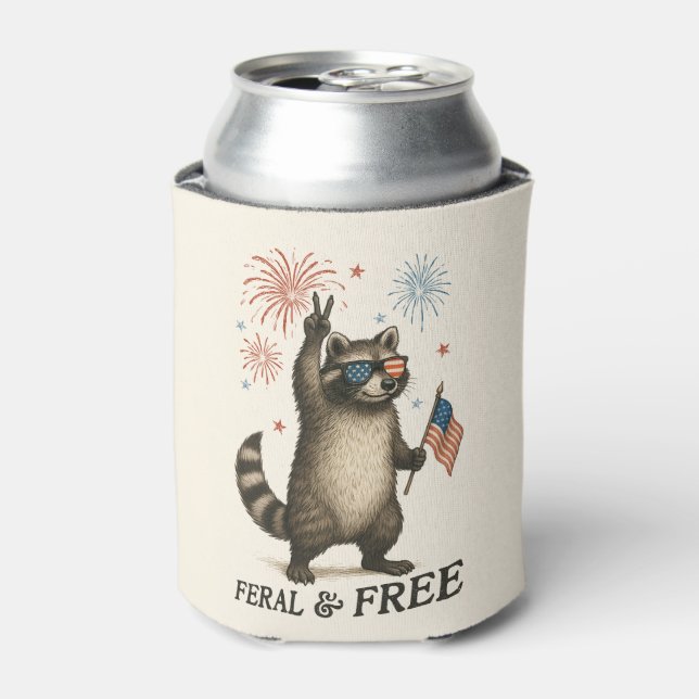 Feral But Free Fireworks Feral Raccoon 4th Of July Can Cooler (Can Front)