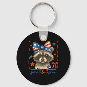 Feral But Free Funny Cute Bow Raccoon 4th Of July Keychain