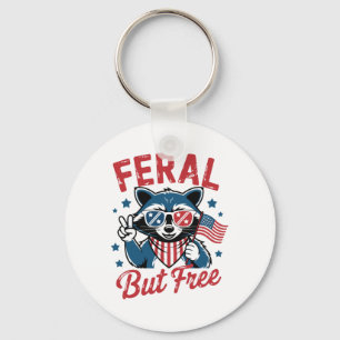 Feral But Free Funny Raccoon 4th Of July Usa Patri Keychain