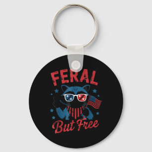 Feral But Free Funny Raccoon 4th Of July Usa Patri Keychain