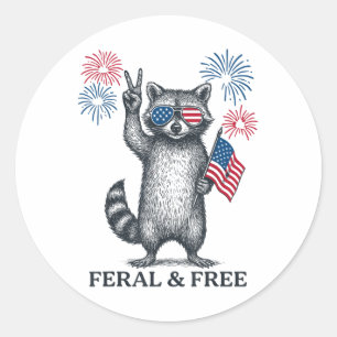 Feral But Free Funny Raccoon Patriotic 4th Of July Classic Round Sticker