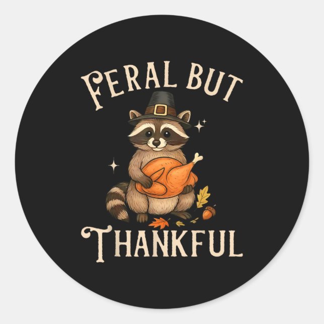 Feral But Thankful Funny Thanksgiving Raccoon  Classic Round Sticker (Front)