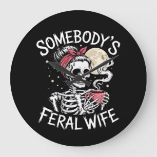 Feral Funny Coffee Lovers Drinking Skull Joke Large Clock
