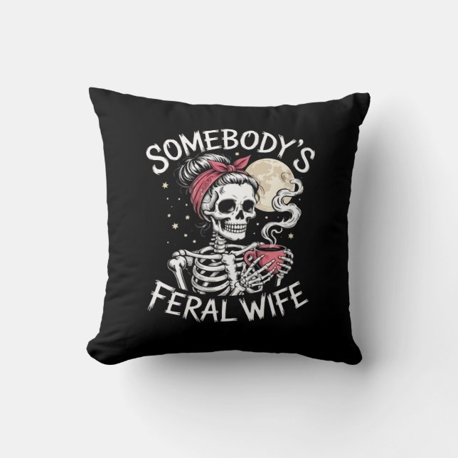 Feral Funny Coffee Lovers Drinking Skull Joke Throw Pillow (Front)