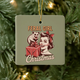 Feral Girl Christmas Opossum Xmas Trashy Retro Ceramic Ornament