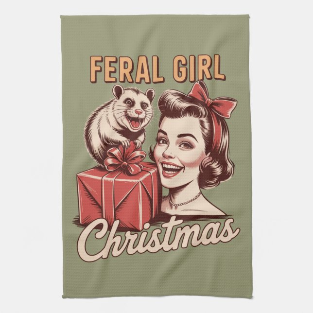 Feral Girl Christmas Opossum Xmas Trashy Retro Kitchen Towel (Vertical)