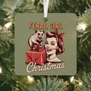 Feral Girl Christmas Opossum Xmas Trashy Retro Metal Ornament