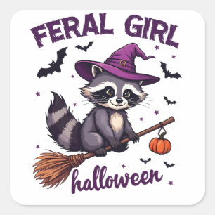 Feral Girl Halloween Spooky Raccoon Witch Gift Square Sticker