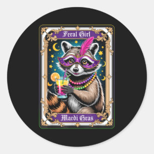 Feral girl mardi gras carnival colourful raccoon classic round sticker