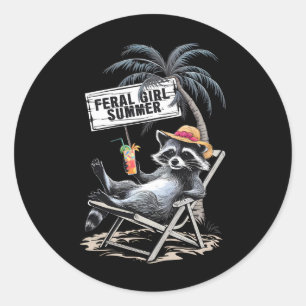 Feral Girl Summer Beach Funny Raccoon Classic Round Sticker