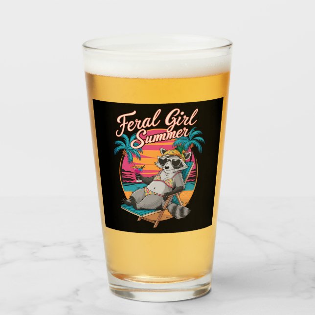Feral Girl Summer Beach Funny Raccoon Glass (Front Filled)