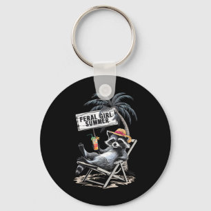 Feral Girl Summer Beach Funny Raccoon Keychain