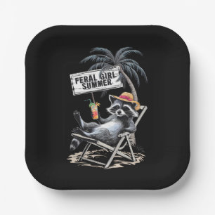 Feral Girl Summer Beach Funny Raccoon Paper Plate
