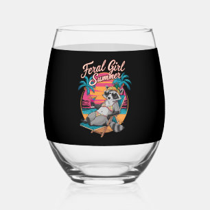 Feral Girl Summer Beach Funny Raccoon Stemless Wine Glass