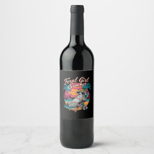 Feral Girl Summer Beach Funny Raccoon Wine Label