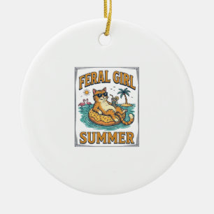 Feral Girl Summer Cat Float Vintage Shirt Design_1 Ceramic Ornament