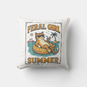 Feral Girl Summer Cat Float Vintage Shirt Design_1 Throw Pillow