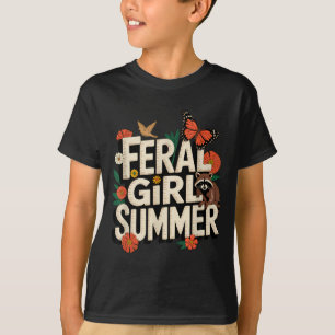 Feral girl summer raccoon wildflowers funny T-Shirt