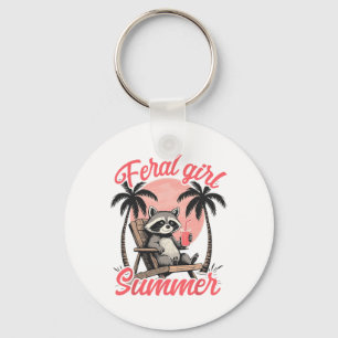 Feral Girl Summer Vacation Beach Raccoon Meme Tras Keychain